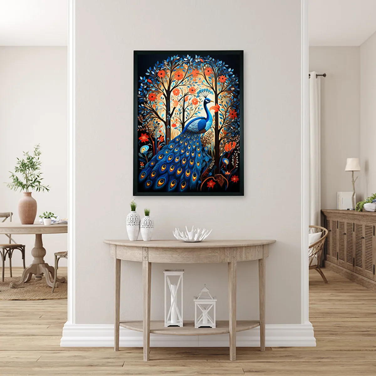 Framed blue peacock painting styled on a light hallway wall