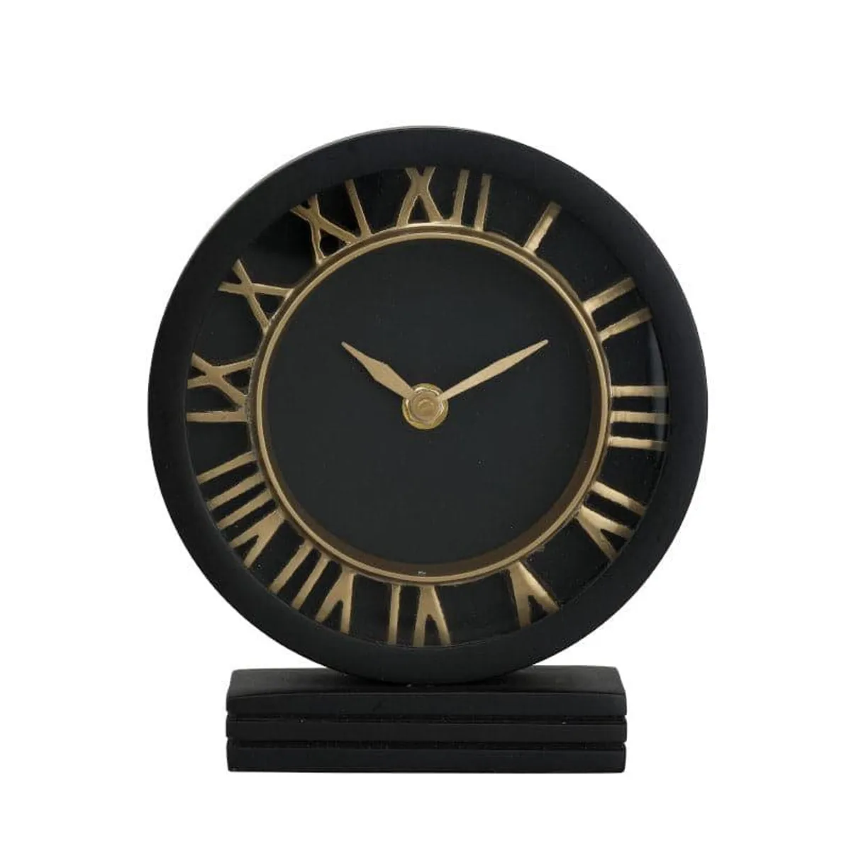 Front view of black round table clock with gold Roman numerals