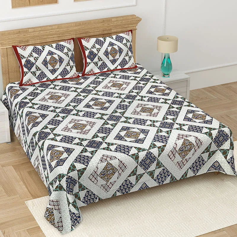 Adire Geometric Cotton Bedsheet (Blue) - 160 TC media 1