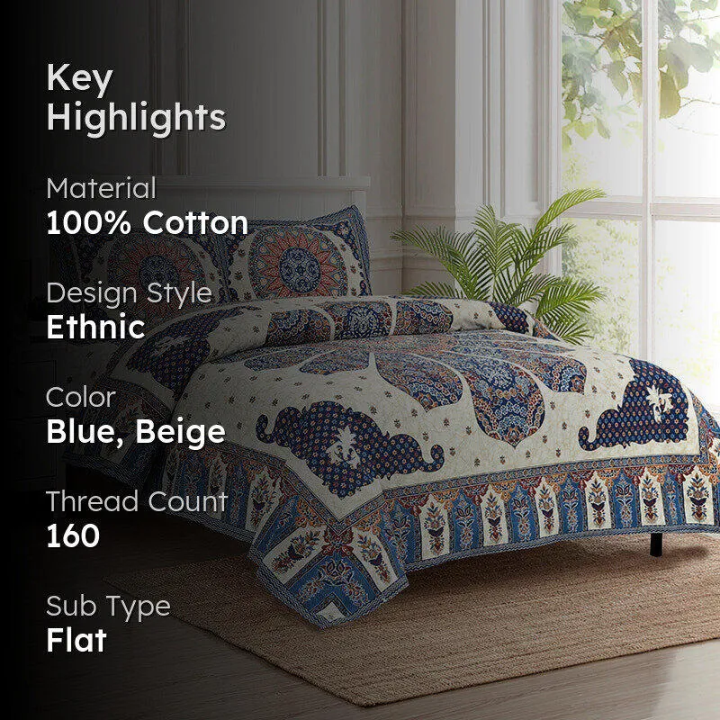 Jalandhara Ethnic Cotton Bedsheet (Dark Blue) - 160 TC media 2