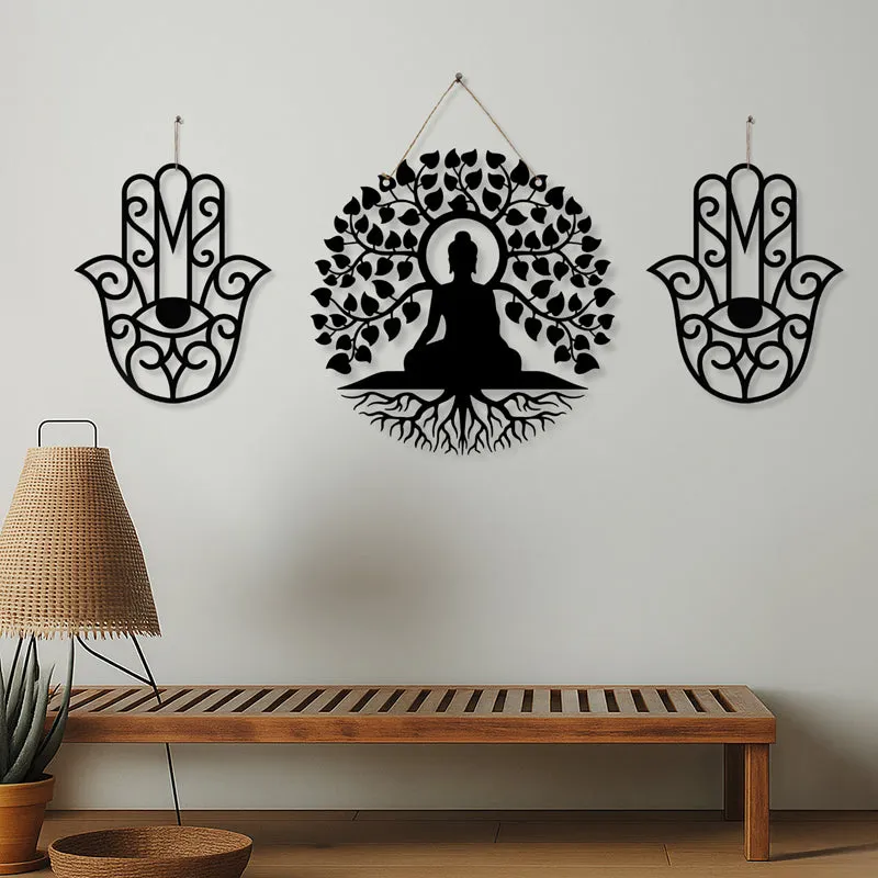 Bodhisatva With Hamsa Hand Iron Wall Accent - Set Of Three media 1