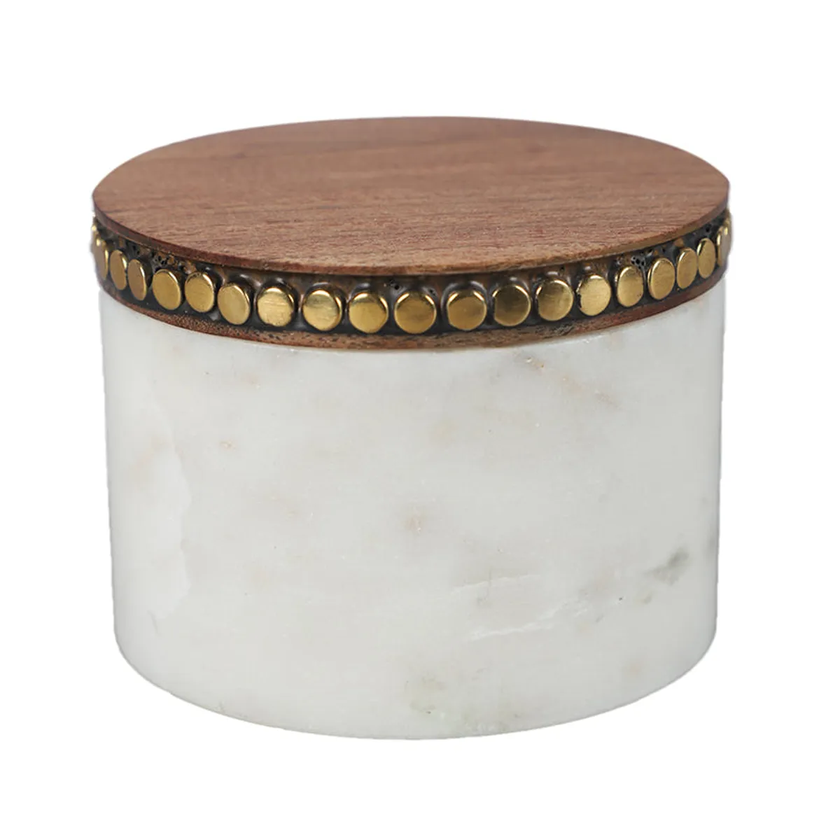 Front view of white marble jar with wood lid and brass accents