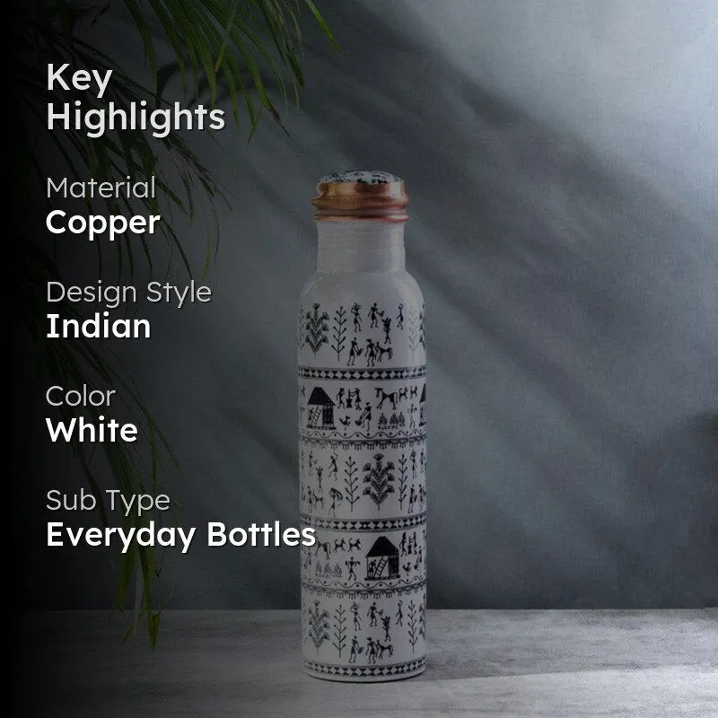 Warli White Copper Water Bottle - 1000 mL media 2