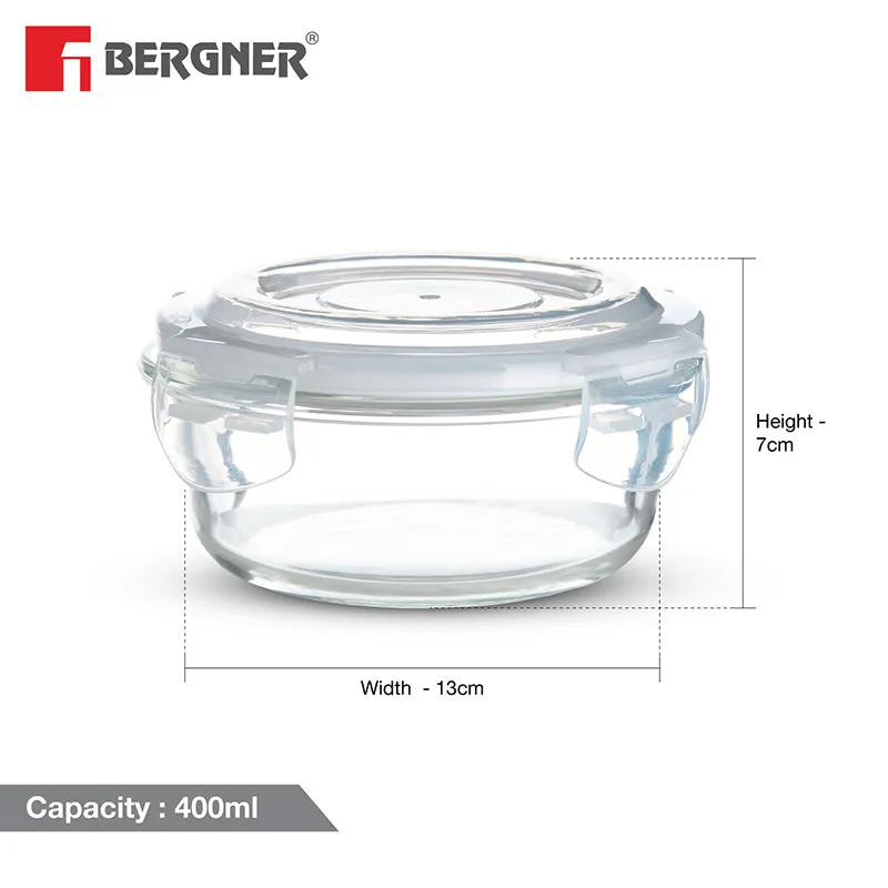 Transparent round glass tiffin box with visible 13 cm width and 7 cm height markings