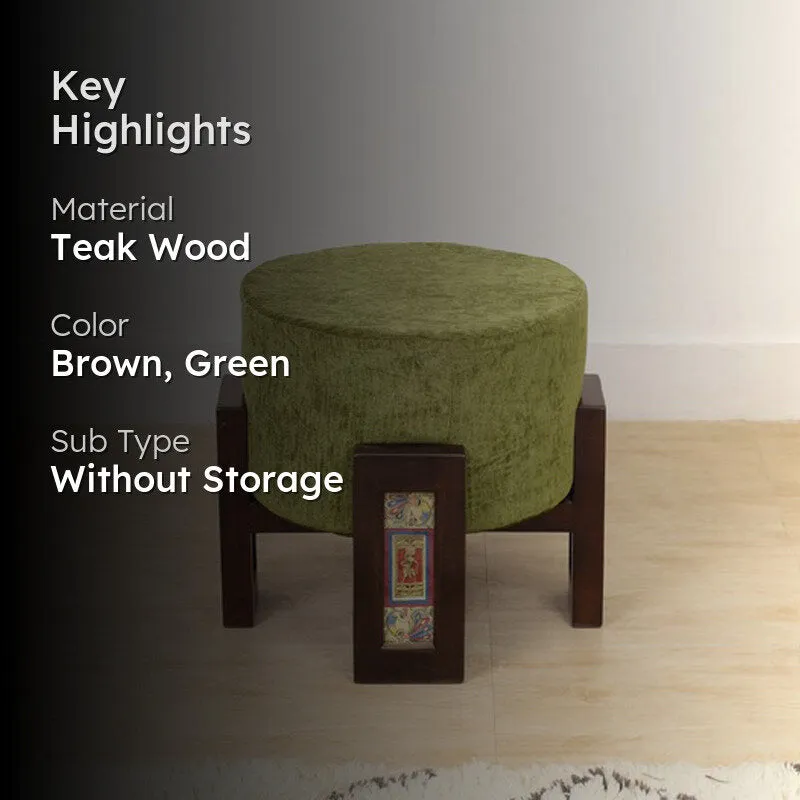 Suede Teak Wood Pouffe - Green media 2