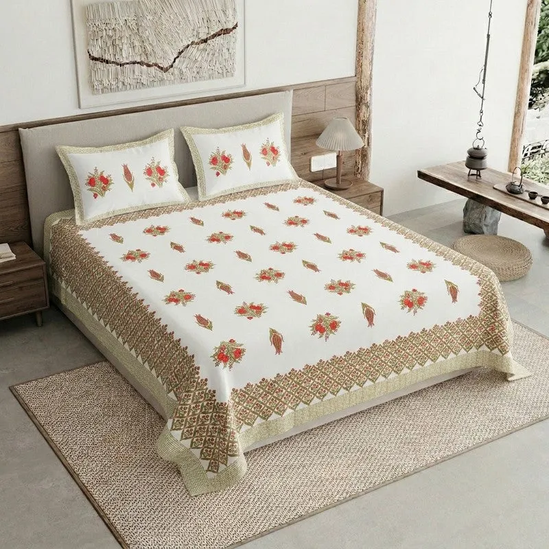 Ethnic Bloom Cotton Bedsheet (Red,White) - 120 TC media 1