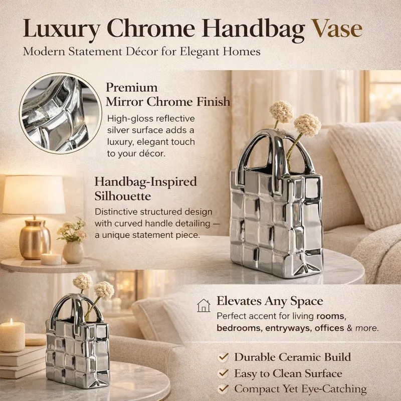 Collage showing the silver handbag-shaped vase from angled room views