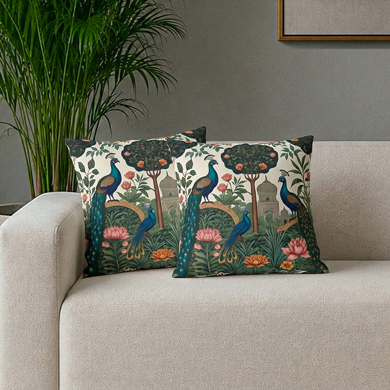 Mughal Jardine Velvet Cushion Cover Set - Set Of Two - 16 x 16 Inches