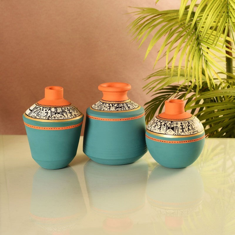 Aquaora Blue & Terracotta Artistic Vase - Set Of Three