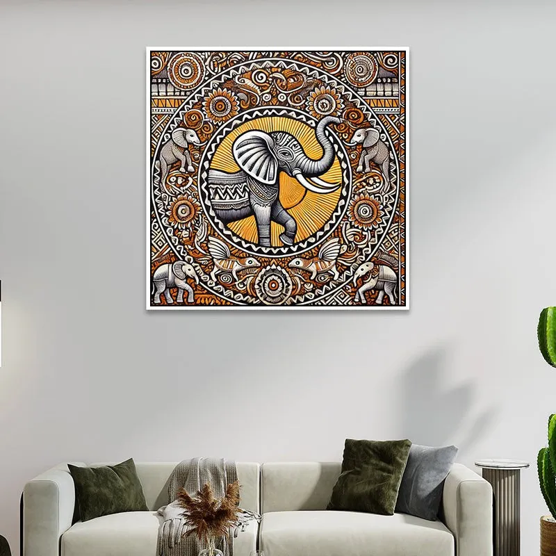 Madhubhani Haathi Canvas Wall Art With Frame media 1