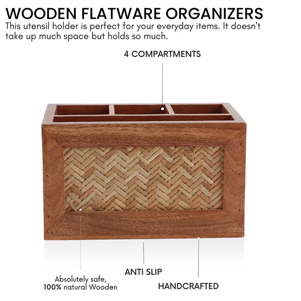 Front view of a brown wooden cutlery holder with multiple open compartments