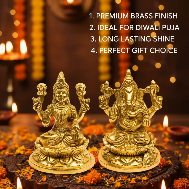 Lakshmi Ganesh Brass Showpiece - Gold media 4