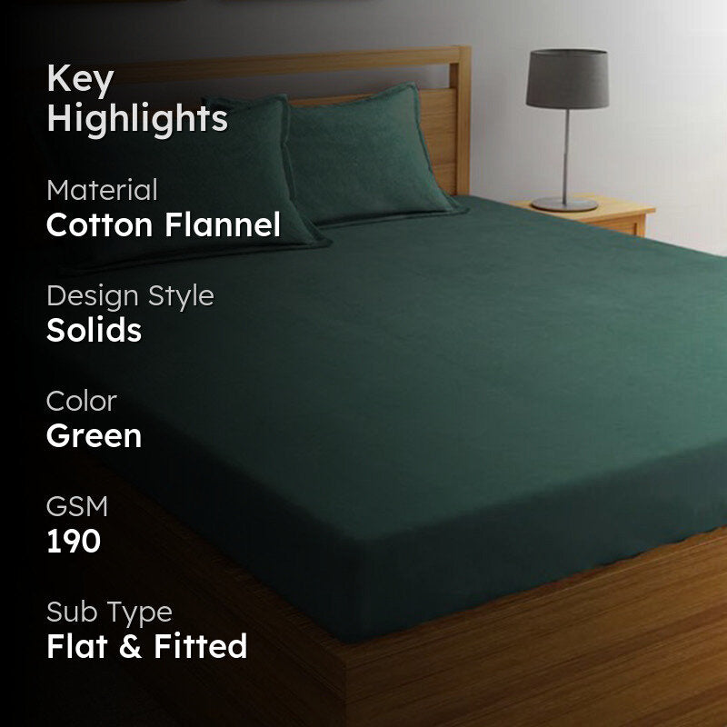Sarva Solid Cotton Flannel Bedsheet (Dark Green) - 190 GSM media 2