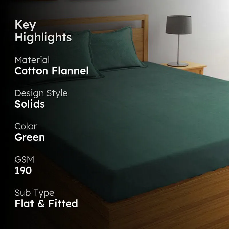 Dark green bedsheet on a wooden bed with a key highlights text overlay