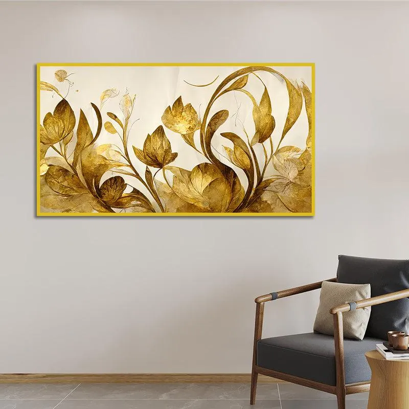 Shades Of Gold Floral Canvas Wall Painting With Frame - Gold media 1