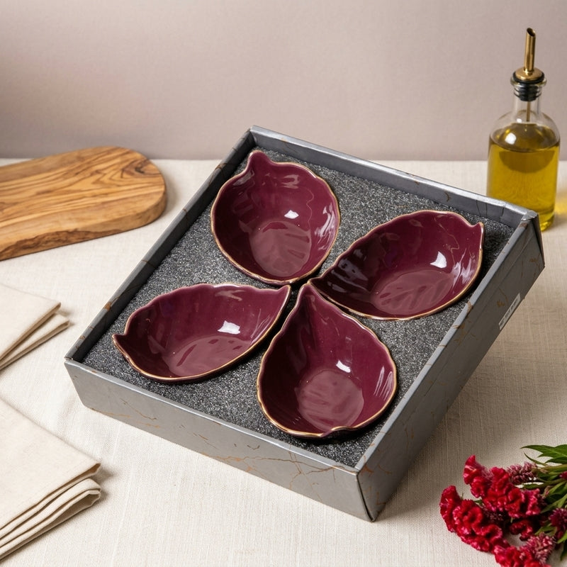 Rubeena Leaf Ceramic Platter (Maroon) - Set Of Four - 6x4x2 inch