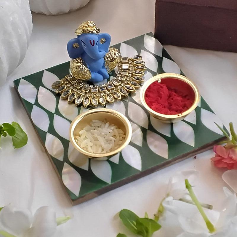 Ganpathi Festive Mother Of Pearl Pooja Thali Gift Box - Green media 4