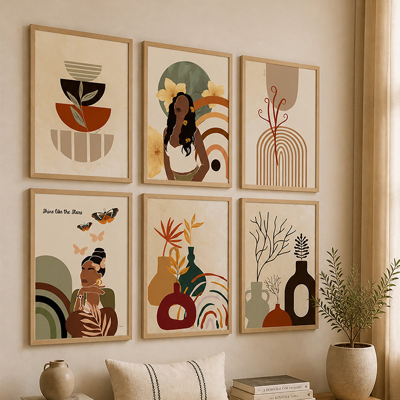 Monara Abstract Pattern Wall Painting With Frame - Set Of Six