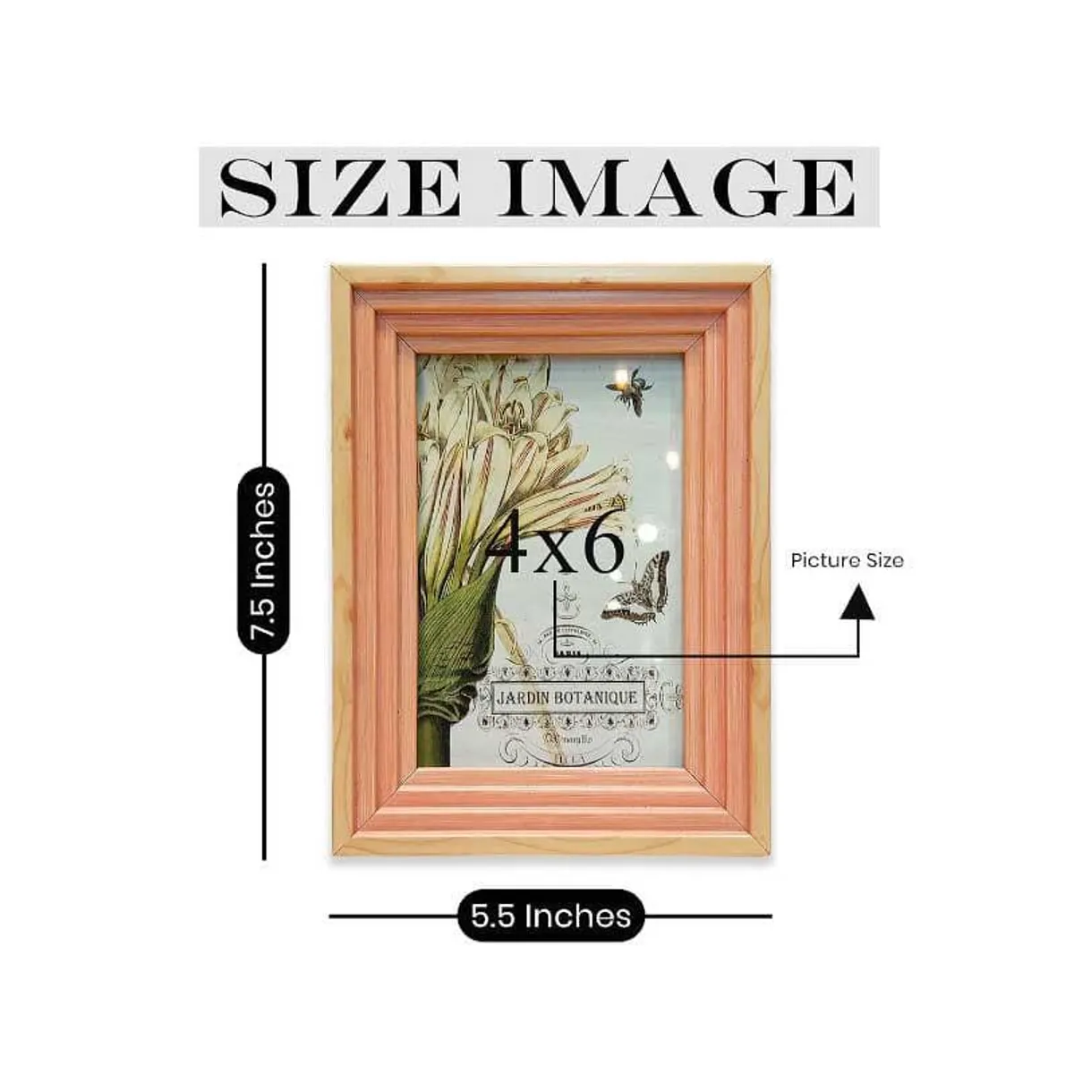 Three graduated beige and pink botanical photo frames arranged on a tabletop