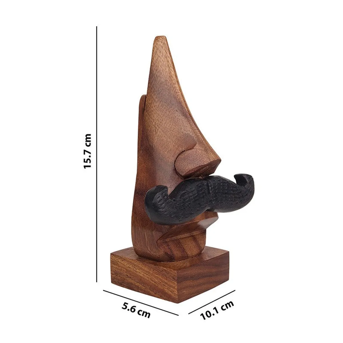 Wooden moustache spectacle holder shown with its dimensions