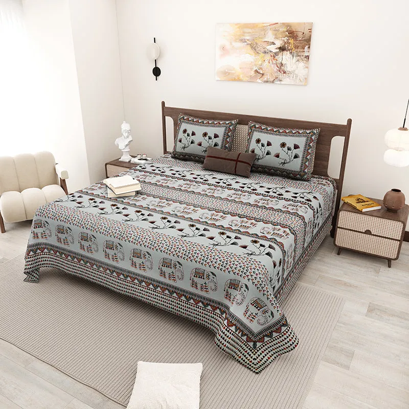 Aashvi Ethnic Cotton Bedsheet (Grey) - 180 TC media 1