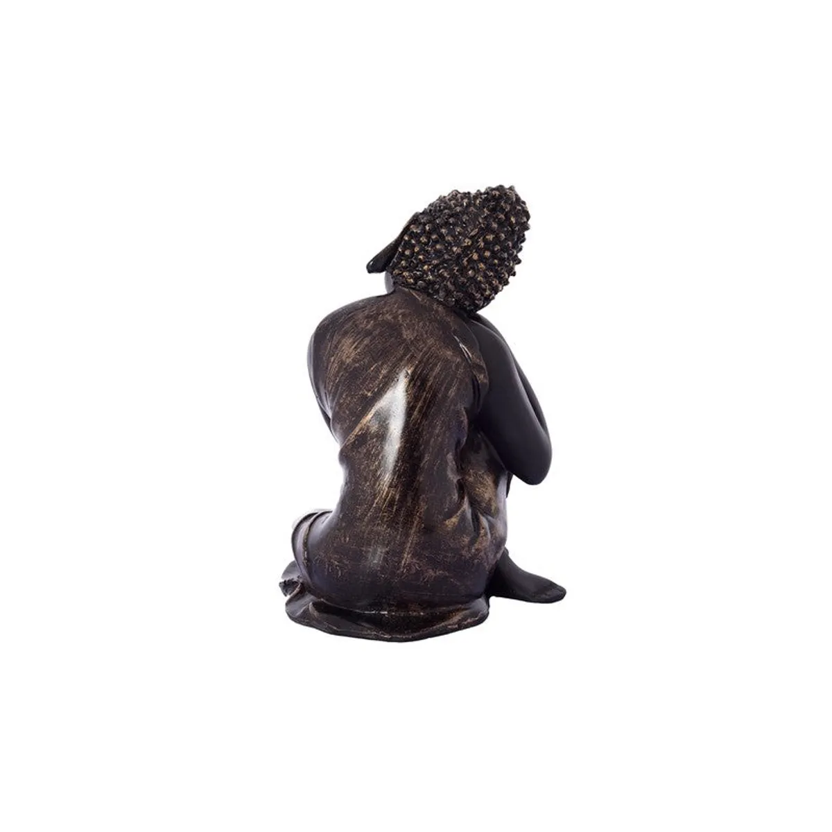 Back angled view of black Buddha showpiece on a white background