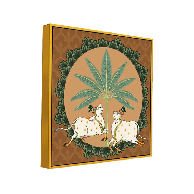 Cows In Tropics Canvas Wall Painting With Frame - Gold media 3