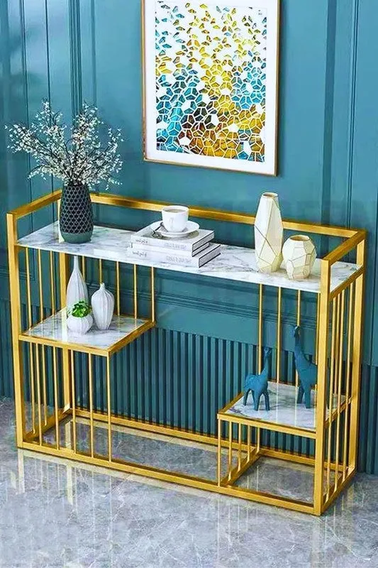 Designer Metal Console Table with Marble Top - Large media 1