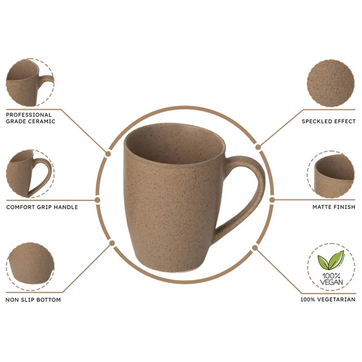 Brown speckled ceramic mug with a rounded handle and matte finish