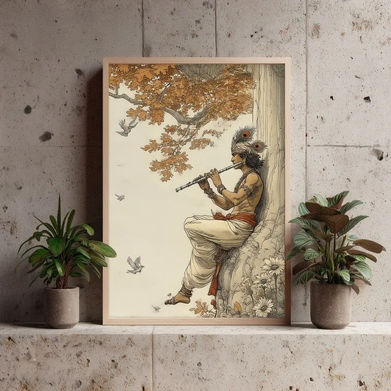 Sri Krishna Blissful Archival Paper Wall Art - Natural Brown Frame media 4