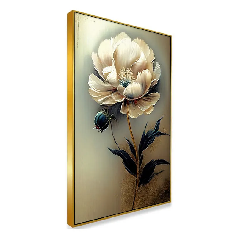 The Ivory Veil Floral Canvas Wall Painting With Frame - Gold media 3
