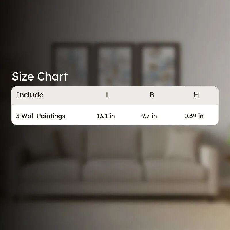 Blurred room scene with a size chart overlay for a three-piece wall painting set