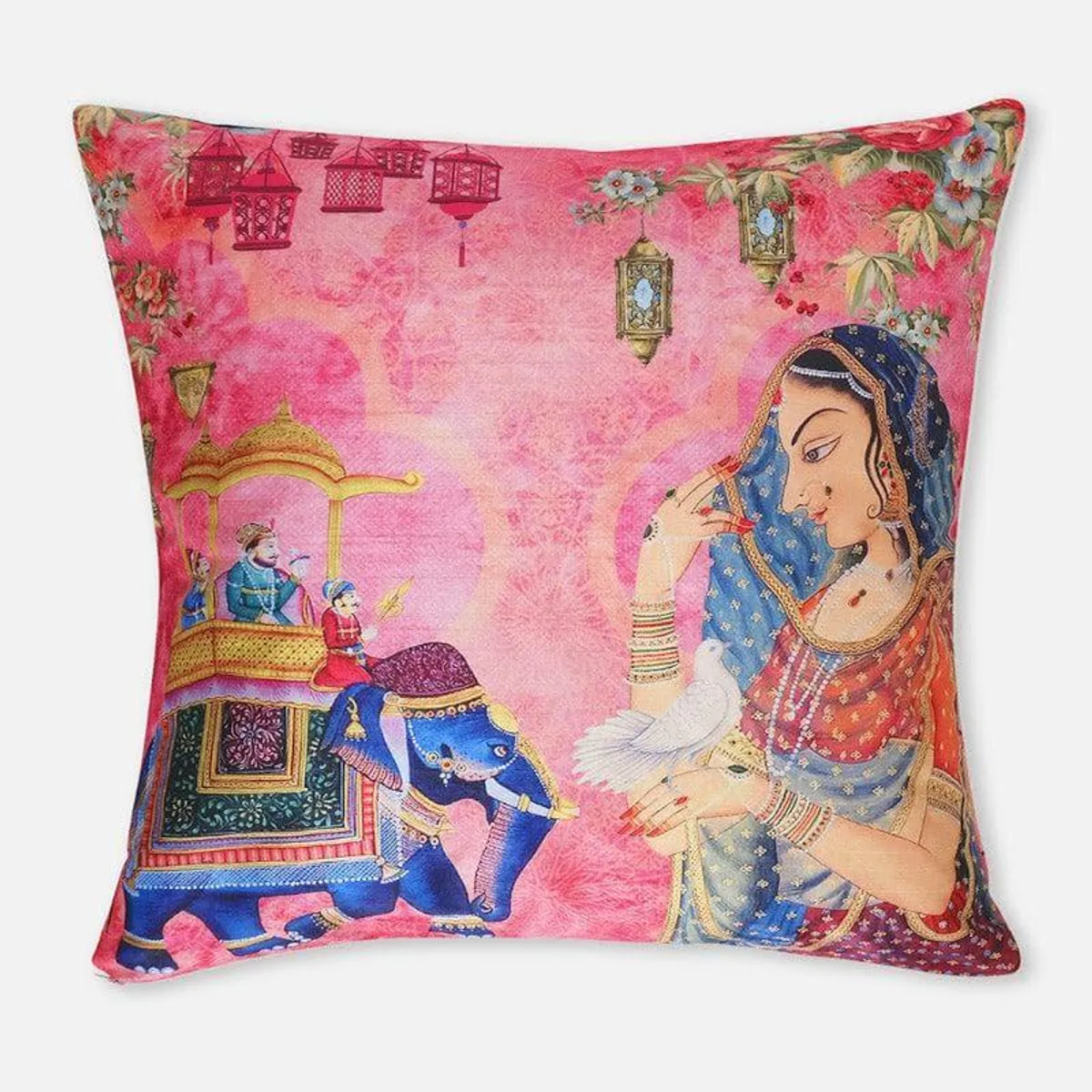 Pink square cushion cover with Mughal-inspired figurative print and elephant motif