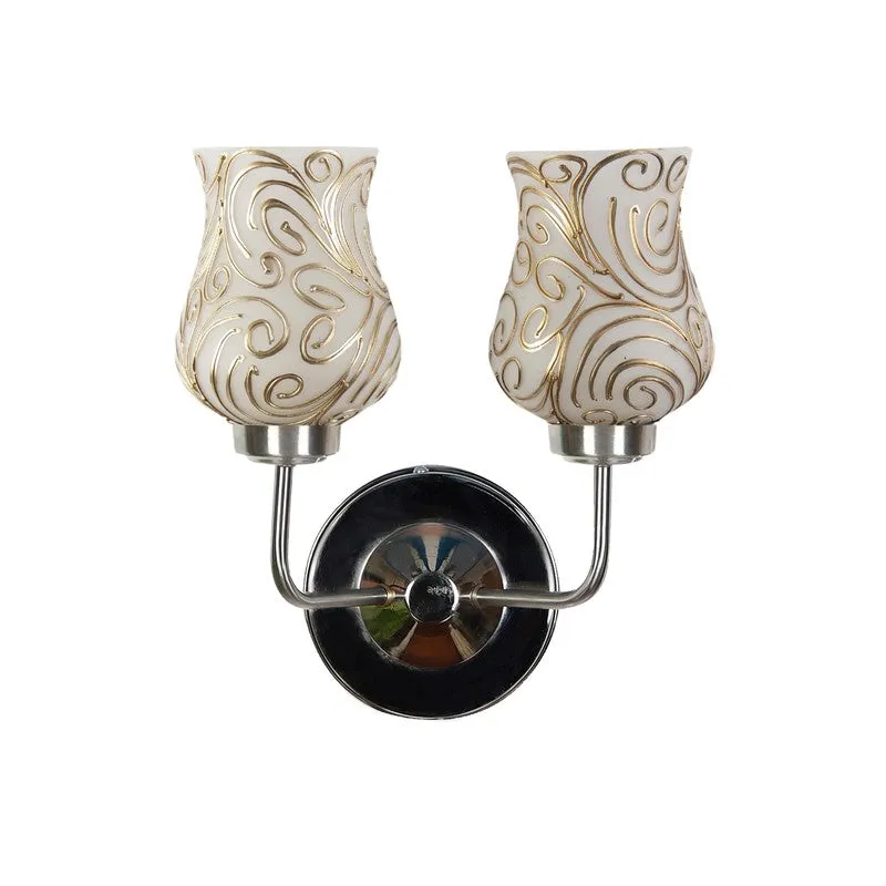 Front view of dual white glass wall lamp with gold swirls and steel base