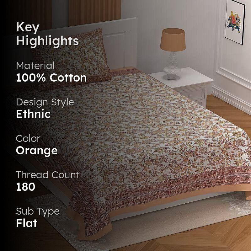 Posy Party Cotton Bedsheet (Orange) - 180 TC image 2