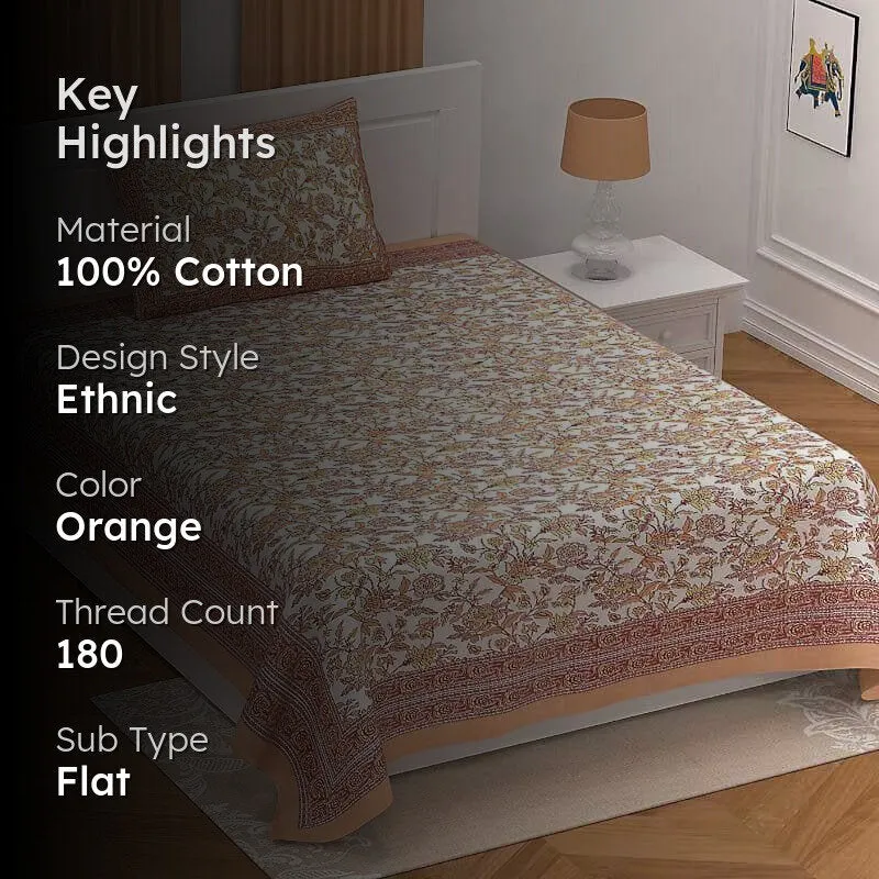 Posy Party Cotton Bedsheet (Orange) - 180 TC media 2