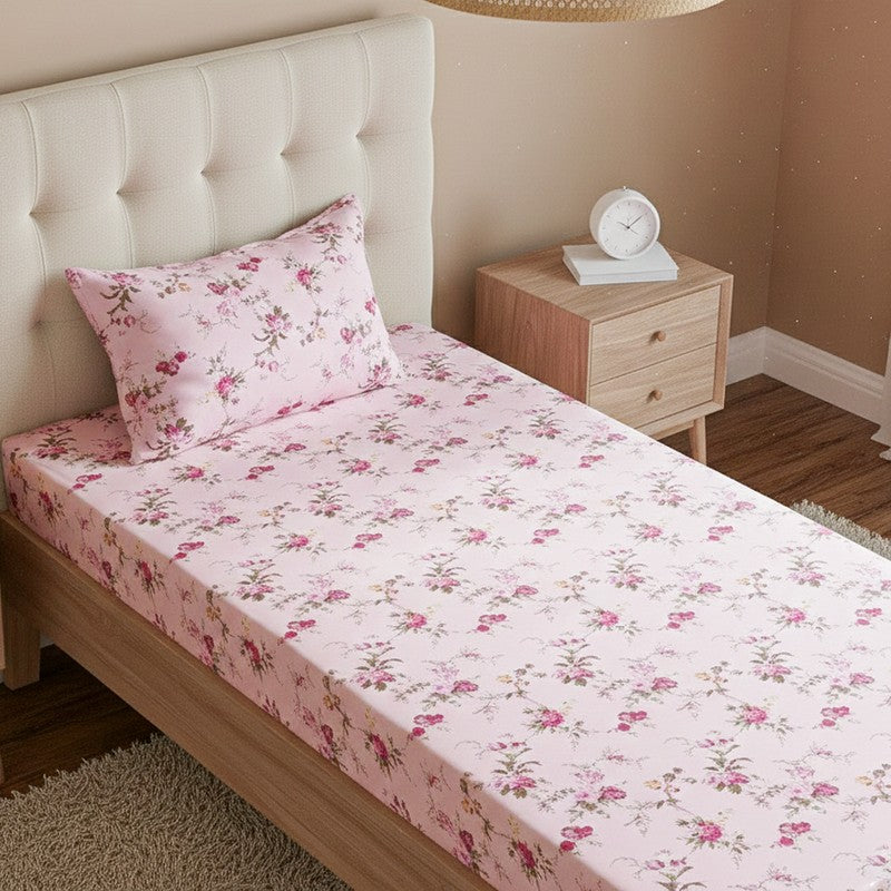 Esmeralda Floral Printed Cotton Bedsheet (Pink) - 180 TC media 3