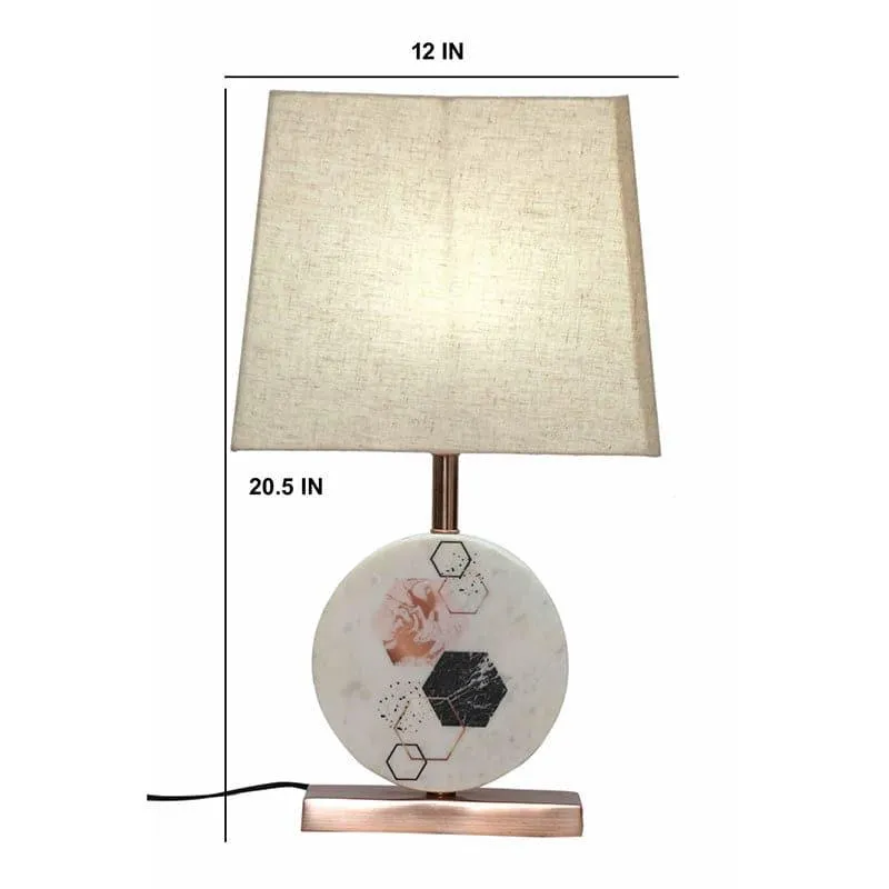 Hexa Marble & Copper Base Fabric Table Lamp - Beige,White media 4