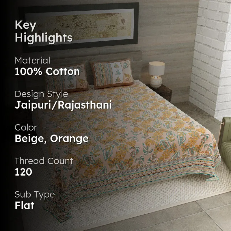 Desert Nest Cotton Bedsheet (Beige,Orange) - 120 TC media 2