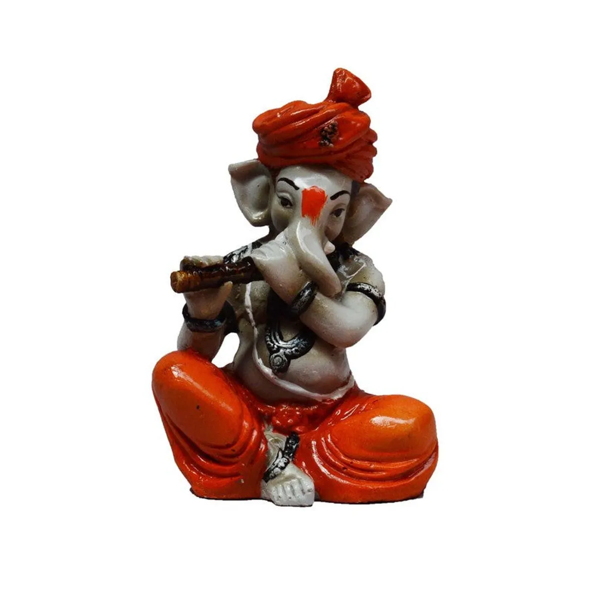 Front view of a white and orange Ganesha showpiece against a plain background