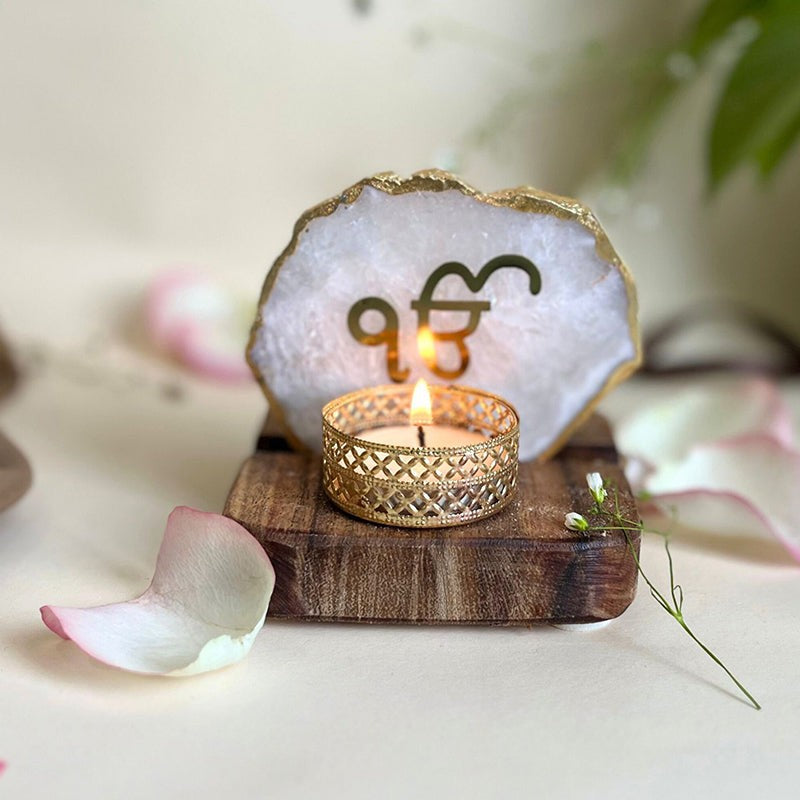 Ik Onkar Handcrafted Agate Religious Accent With Tealight Candle Holder - White