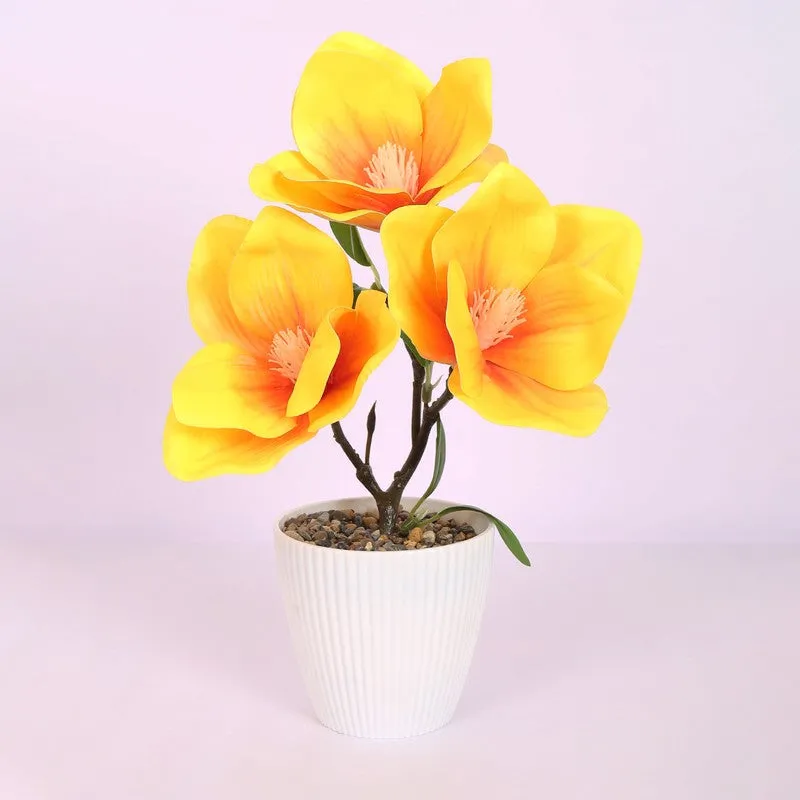 Magnolia Artificial Flower Plant With Black Plastic Pot - Yellow media 3