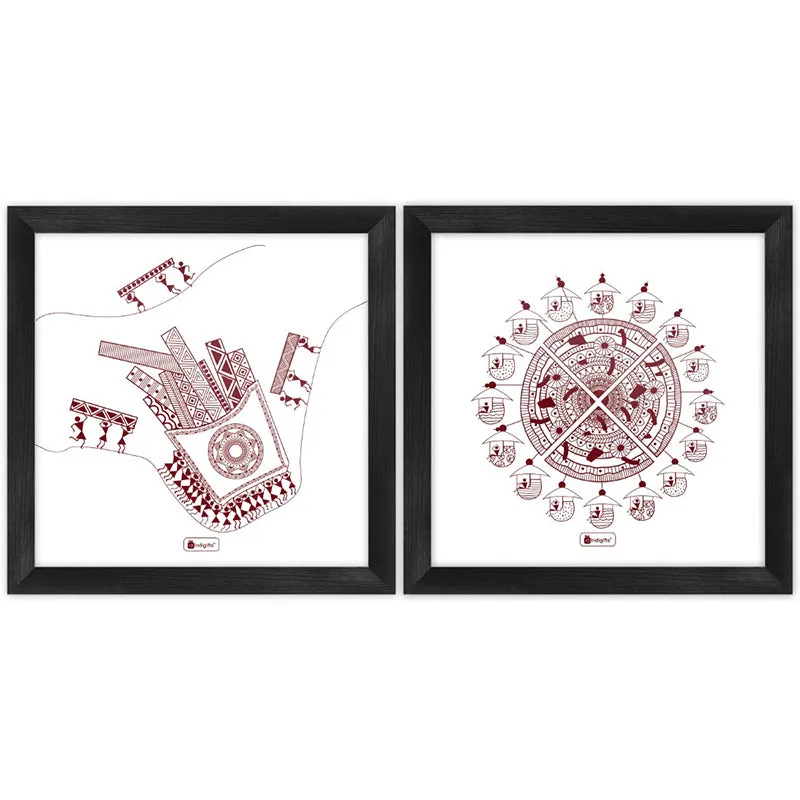 Warli Abstract Wall Art - Set Of Two media 1