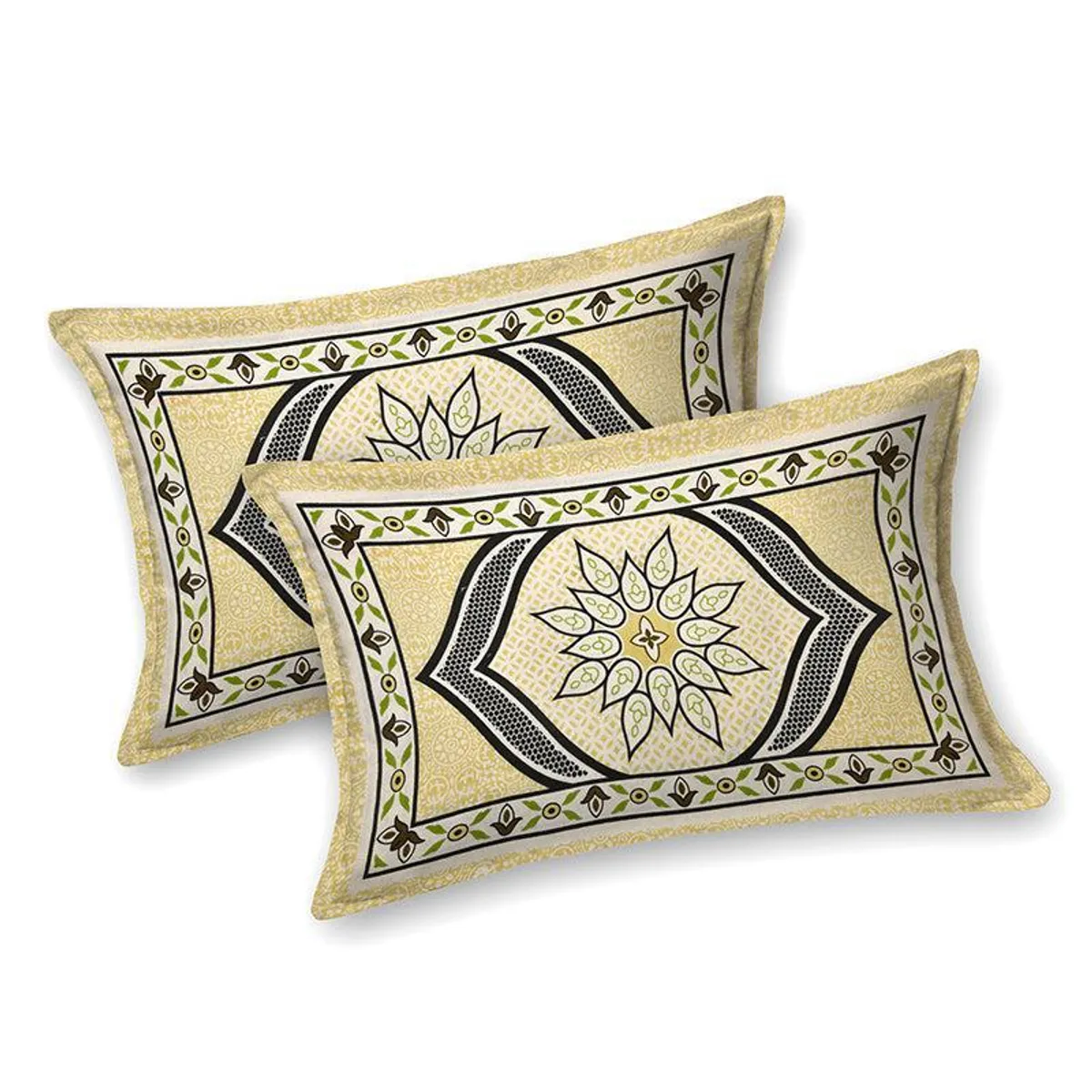 Two matching yellow pillow covers with ethnic floral motifs