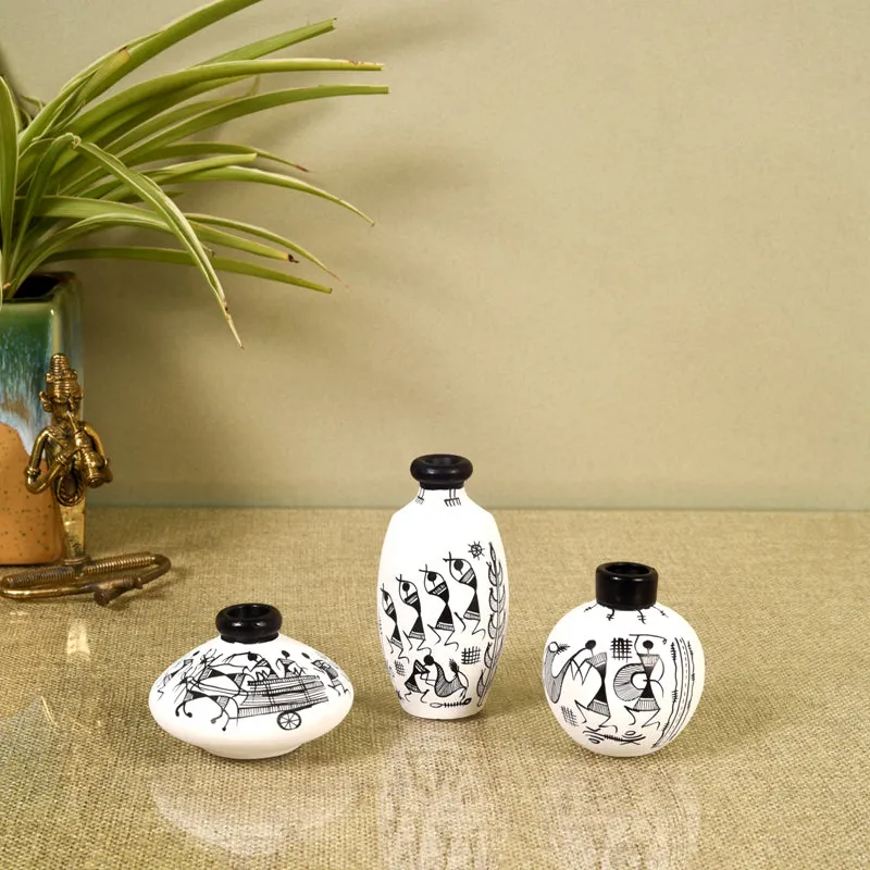 Warli dance Black & White Vase - Set Of Three media 1