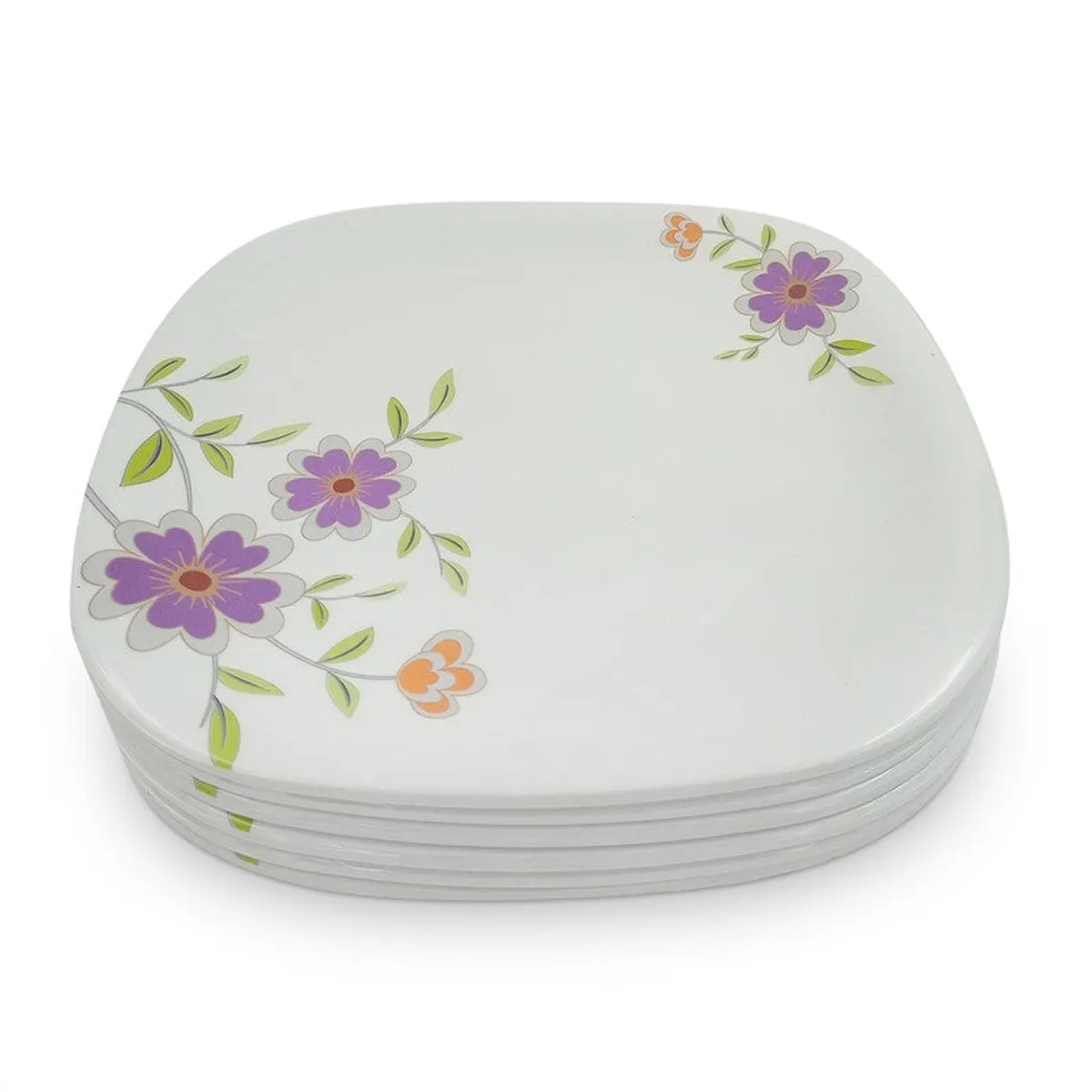 Stack of square white dinner plates with floral corner accents