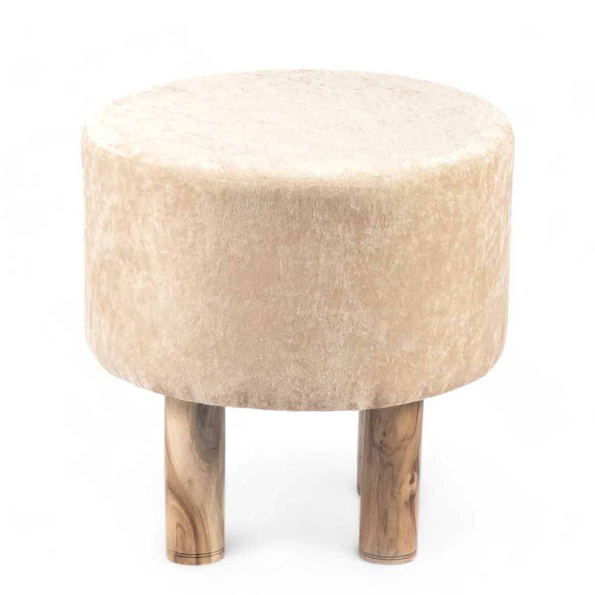 Round beige velvet ottoman with wooden legs on a plain background