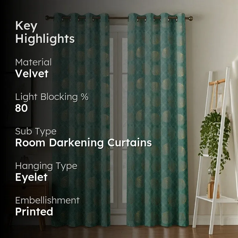 Glow Line Printed Velvet Curtains (Aqua Green,Gold) - Set Of Two media 2
