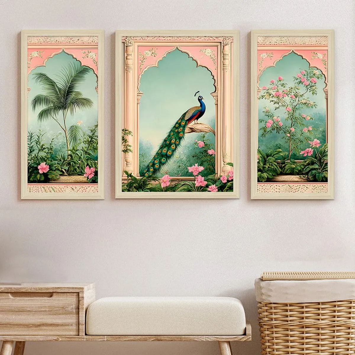 Three framed decorative art panels displayed above a wooden bench
