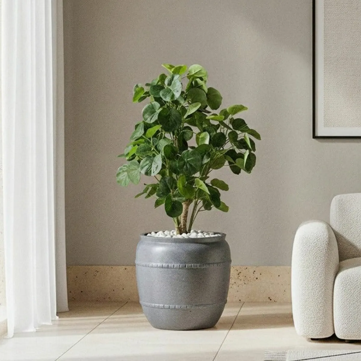 Grey floor planter holding a leafy plant beside a living room chair